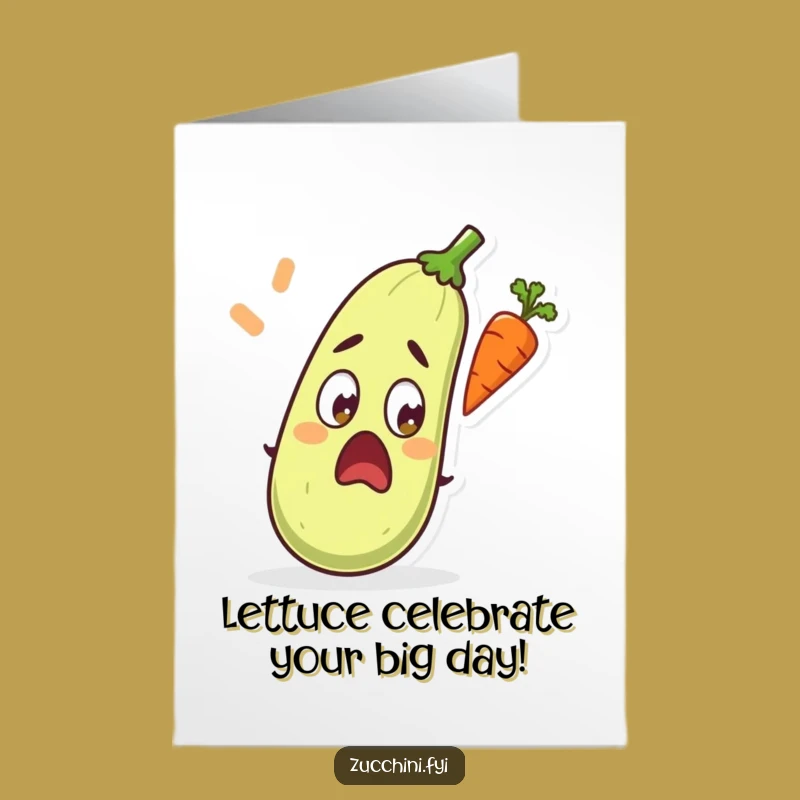 Free Printable Birthday Card: Surprised Zucchini Flying Carrot Funny Downloadable Gift