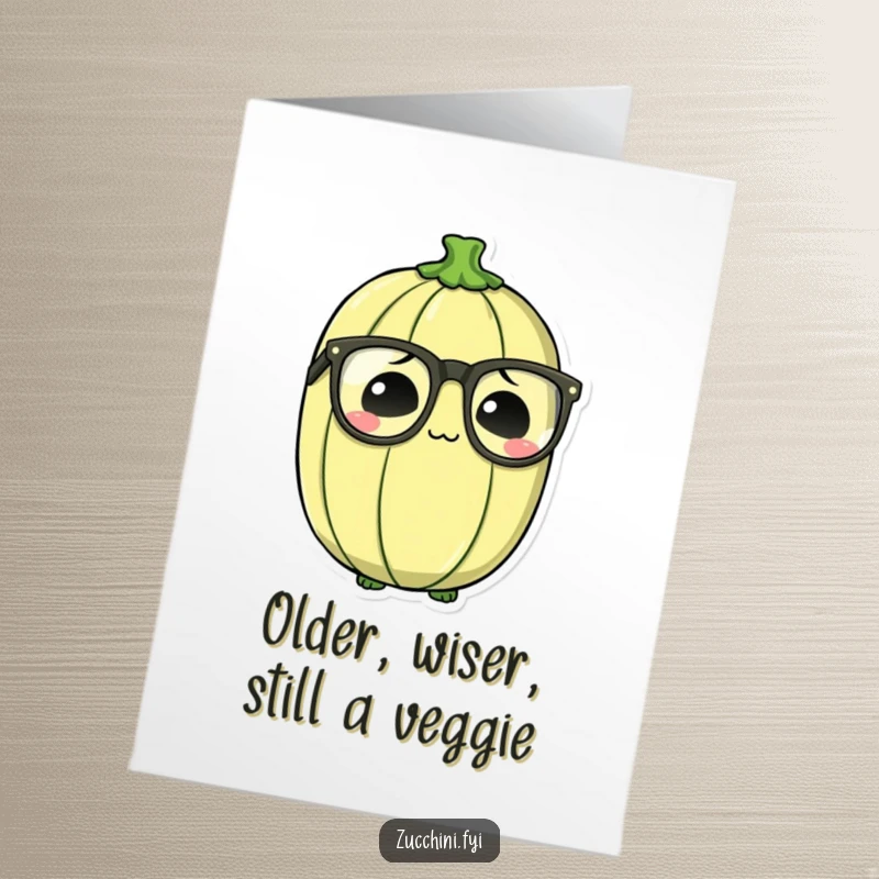 Funny Free Printable Birthday Card: A bewildered zucchini wearing comically oversized spectacles, a humorous downloadable greeting.