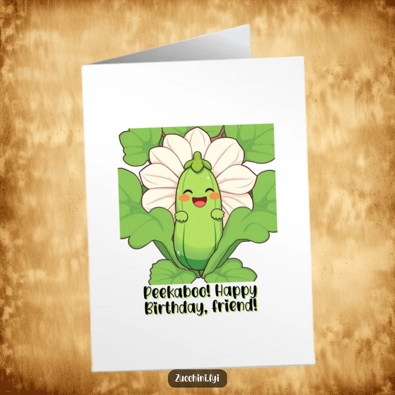 Funny Free Printable Birthday Card: Zucchini character laughing sneakily from behind a huge zucchini blossom