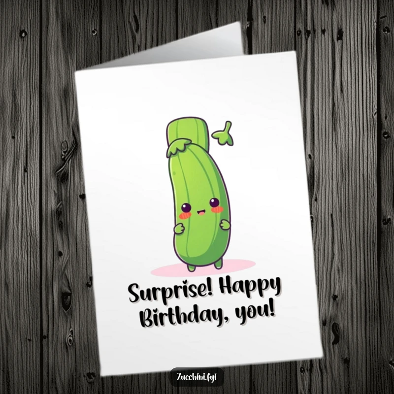 Funny Free Printable Birthday Card: Zucchini character playfully peeking out from behind a giant, bold exclamation mark.