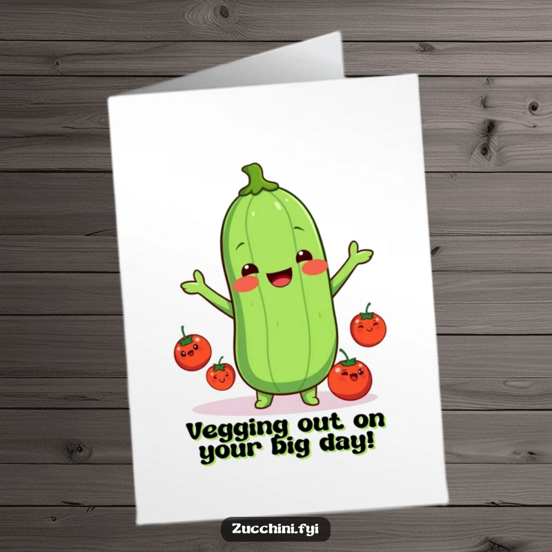 Funny Free Printable Birthday Card: Smiling kawaii zucchini juggles happy tomatoes, wishing a day full of fun and joy.