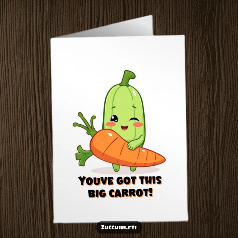 Funny Free Printable Birthday Card: A winking zucchini character proudly holding a comically oversized carrot, a humorous birthday greeting.