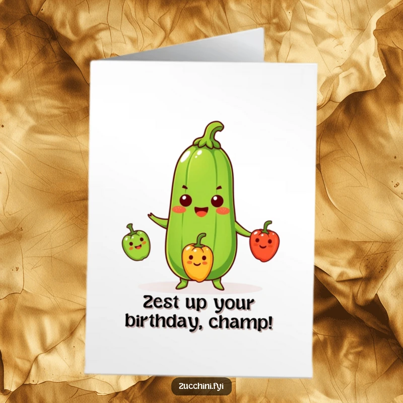 Funny Free Printable Birthday Card showing a beaming zucchini hilariously juggling three tiny smiling peppers, full of festive cheer.