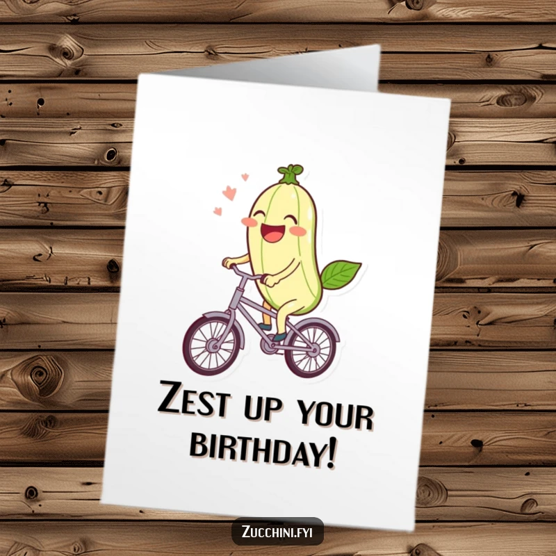 Funny Free Printable Birthday Card: A kawaii zucchini laughs heartily while riding a miniature bicycle.