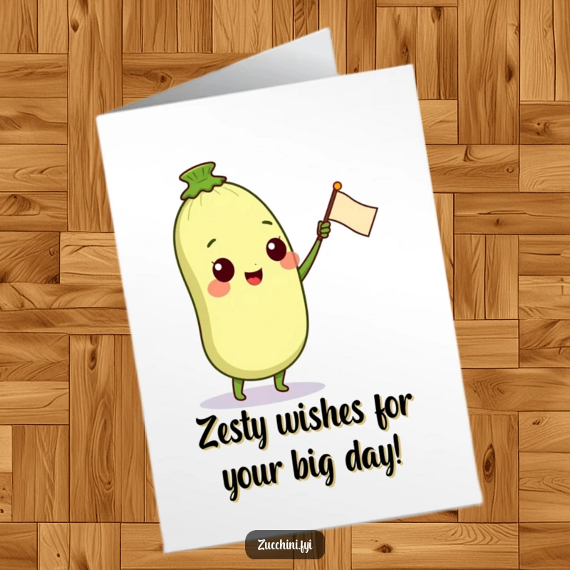 Funny Free Printable Birthday Card: A cheerful zucchini character excitedly waves a small petal flag, spreading joy and birthday wishes.