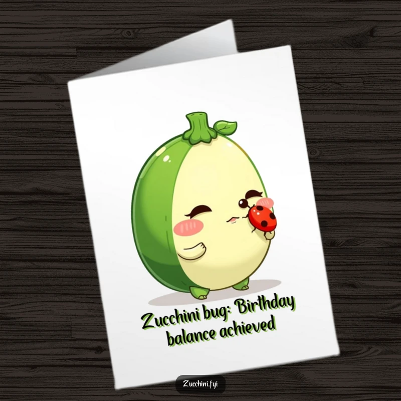 Funny Free Printable Birthday Card: A determined zucchini character balances a tiny ladybug precisely on its nose.