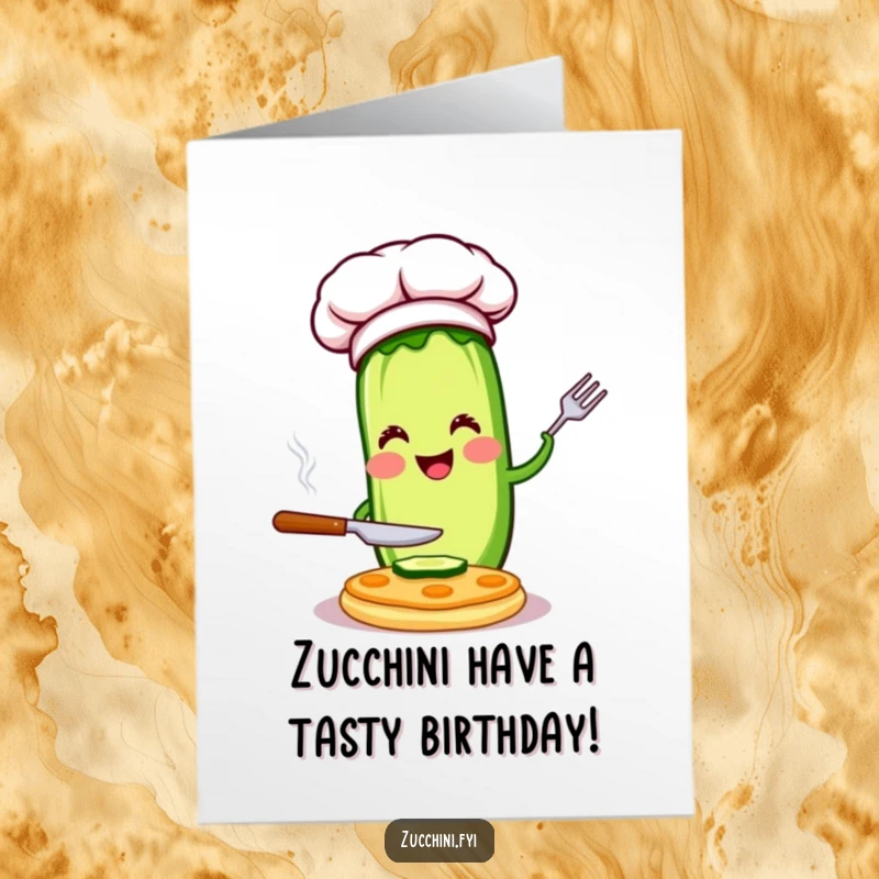 Funny Free Printable Zucchini Chef Birthday Card: Zucchini chef flipping pancake, a delightful and downloadable greeting.