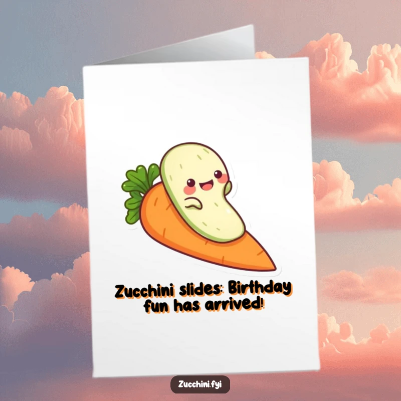 Funny Free Printable Birthday Card: A playful zucchini character hilariously slides down a bright orange carrot.