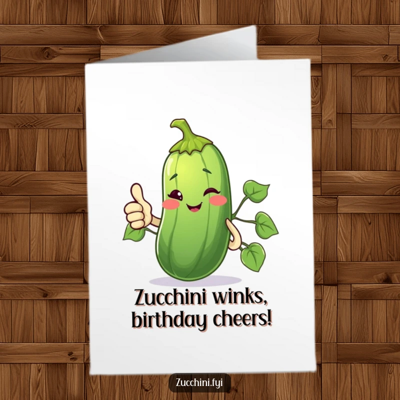 Funny Free Printable Birthday Card: Winking zucchini giving a thumbs up with its vine. A cool and humorous birthday wish.