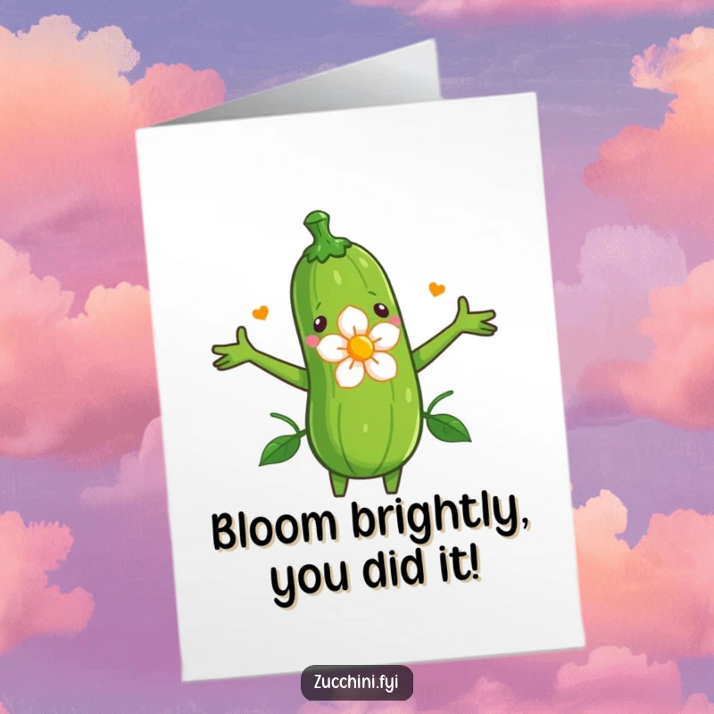 Funny Free Printable Congratulations Card: A zucchini joyfully hugs a flourishing flower, symbolizing congratulations and beauty.