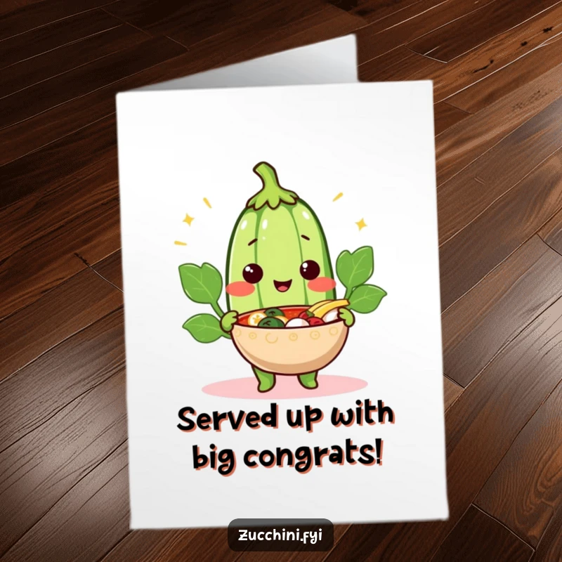 Funny Free Printable Cheerful Zucchini Congratulations Card, happily presenting a steaming bowl, celebrating warmth and success.