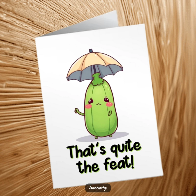 Funny Free Printable Congratulations Card: Confused Zucchini Trying to Balance a Small Umbrella, a Humorous Achievement Greeting