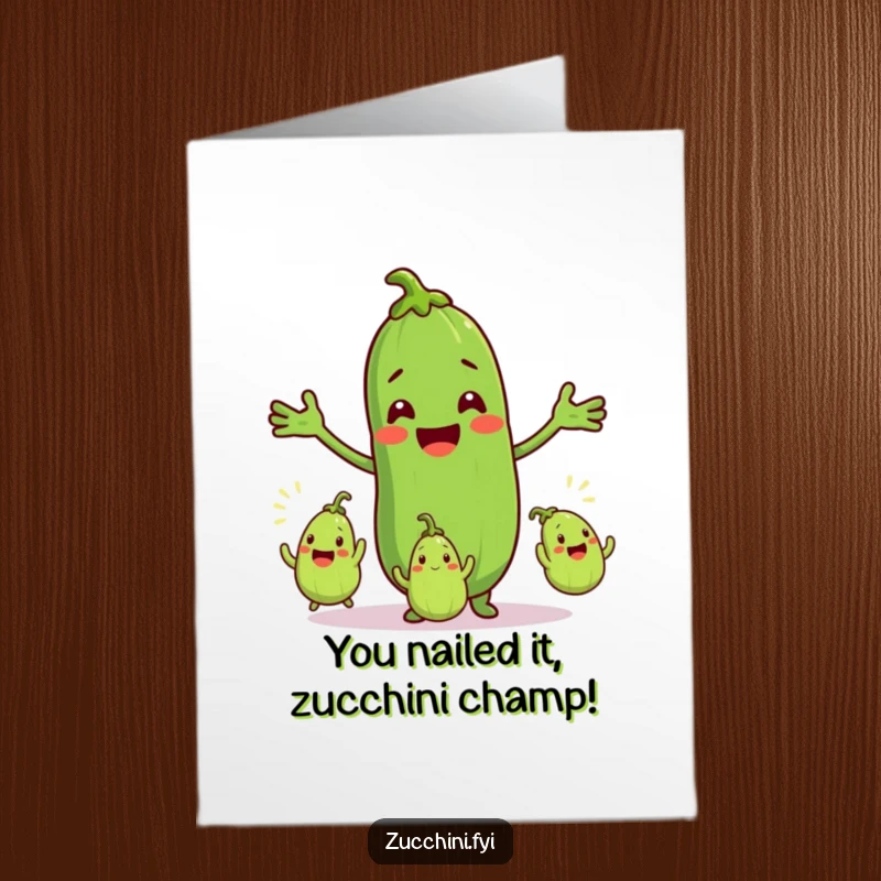Funny Free Printable Congrats Card: A beaming zucchini juggles three smaller zucchinis, celebrating a big win.
