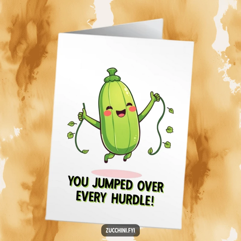Funny Free Printable Congrats Card: A giggling zucchini is mid-jump with a vine rope, celebrating a successful moment.