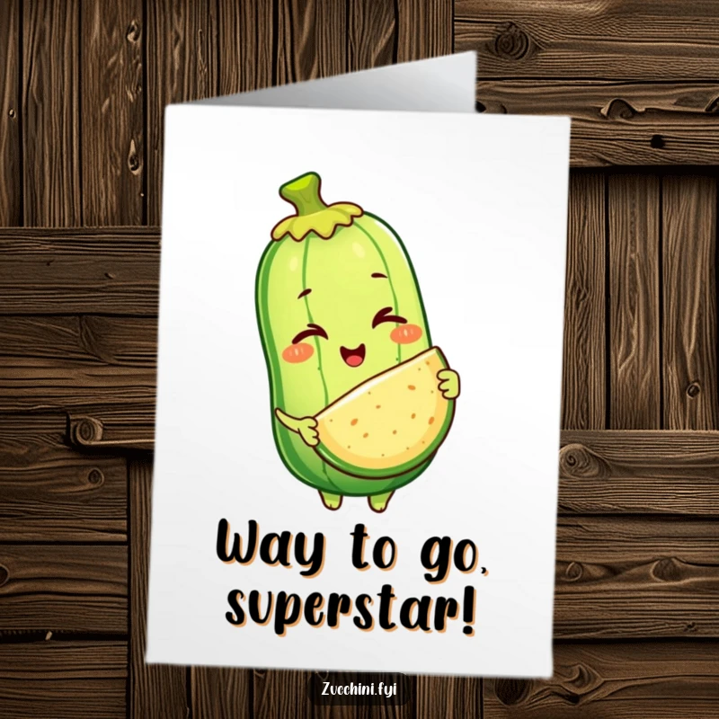 Funny Free Printable Congratulations Card: A winking zucchini character offers a slice of itself, humorously celebrating a coworker's or friend's success.