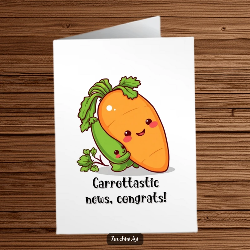 Funny Free Printable Congrats Card: Sneaky zucchini hiding behind a giant smiling carrot. A humorous and delightful congratulatory design.