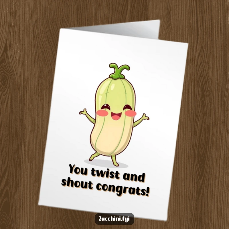 Funny Free Printable Congrats Card: Spiralized zucchini character bustin' a move in a funny dance, cheering success.