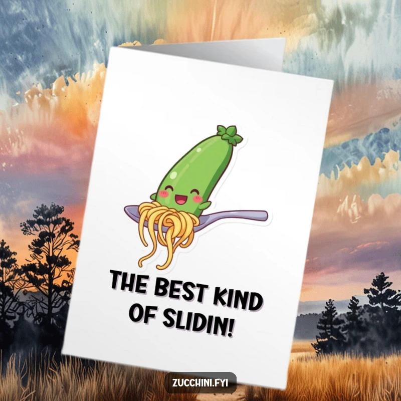 Funny Free Printable Congrats Card: Zucchini noodle character sliding down a spoon, signifying a smooth victory.