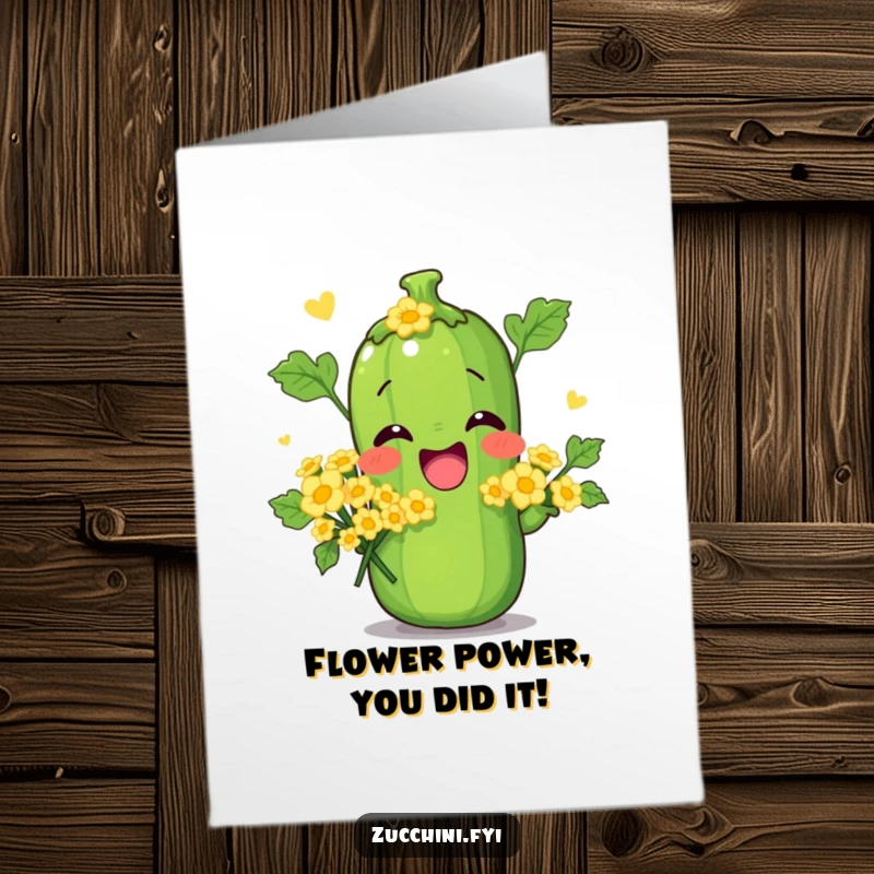 Funny Free Printable Congrats Card: Zucchini character in a comical pose, presenting a dainty bouquet of miniature zucchini flowers.
