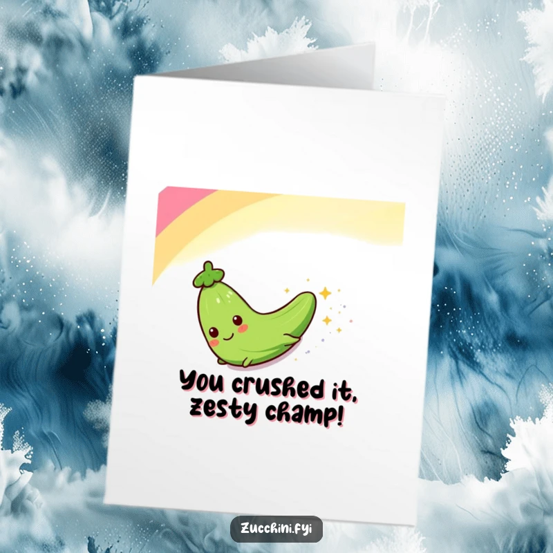 Funny Free Printable Congrats Card: Zucchini character gleefully sliding down a colorful rainbow, spreading sparkles and cheer.