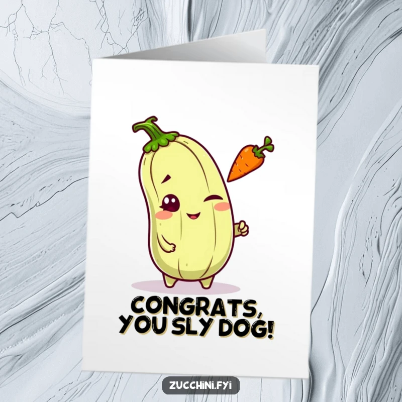 Funny Free Printable Congrats Card: A kawaii zucchini with a mischievous wink tossing a small carrot, celebrating with flair.