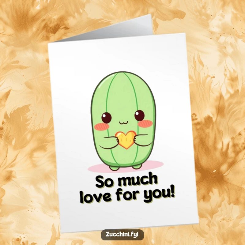Funny Free Printable Congrats Card: A blushing zucchini character presenting a small, radiant heart, signifying affection.