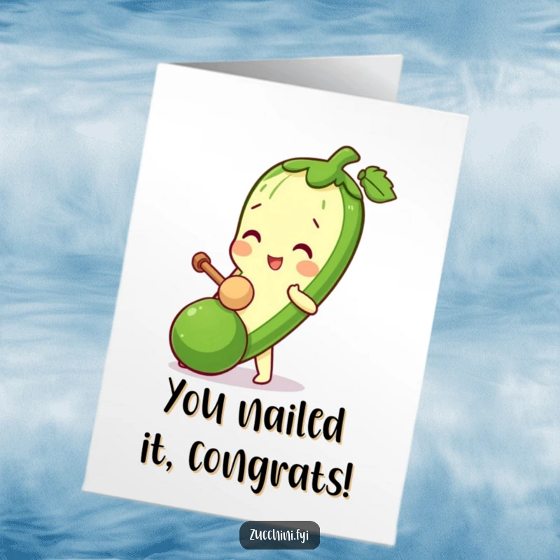 Funny Free Printable Congratulations Card featuring a zucchini character bopping a miniature zucchini with a tiny mallet