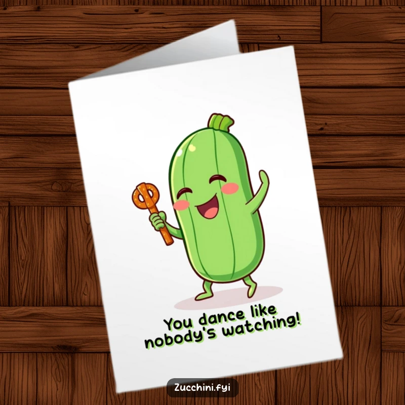 Funny Free Printable Congratulations Card: A zucchini character joyfully dancing with a pretzel stick, celebrating a win. A great art piece.