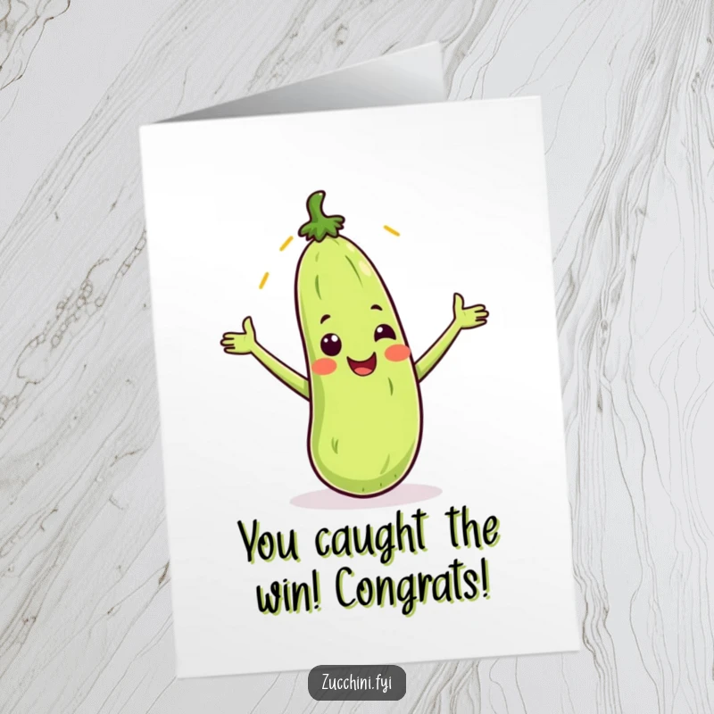 Funny Free Printable Congratulations Card: Smiling Zucchini Catching a Falling Sunbeam, Celebrating Positive Vibes