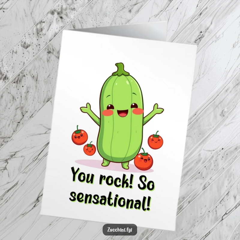 Free Printable Congratulations Card: A smiling kawaii zucchini is skillfully juggling three tiny happy tomatoes, celebrating success.