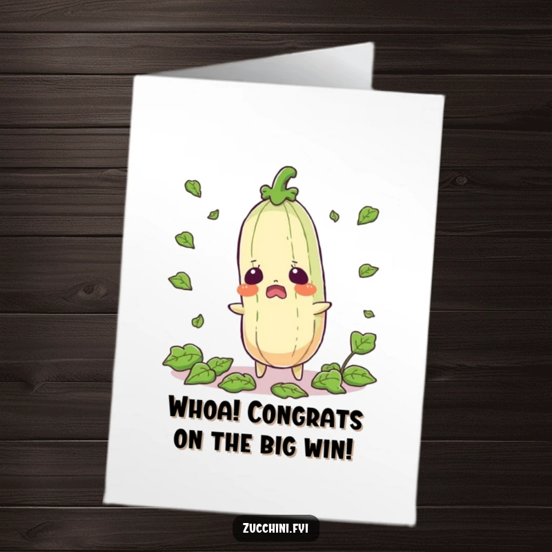 Funny Free Printable Startled Zucchini Congratulations Card, looking shocked as leaves scatter, celebrating unexpected wins.
