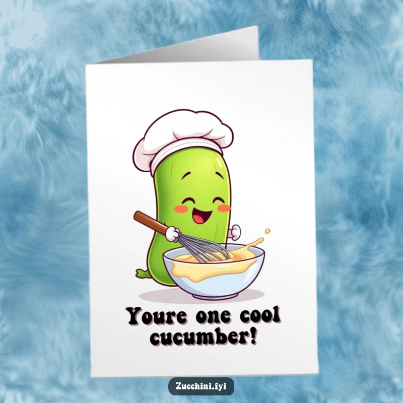 Funny Free Printable congratulations card showcasing a chef zucchini with a hat, whisking triumphantly, ready to celebrate success.