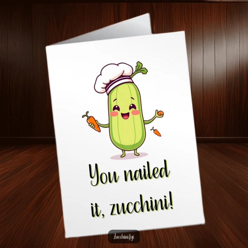 Funny Free Printable Congratulations Card: Zucchini Chef Juggling Carrots, Perfect for a Hilarious Achievement Greeting