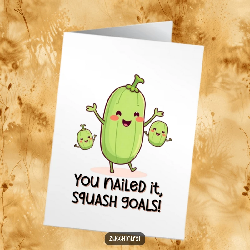 Funny Free Printable Congratulations Card with a happy juggling zucchini, celebrating accomplishments with veggie cheer and humor.