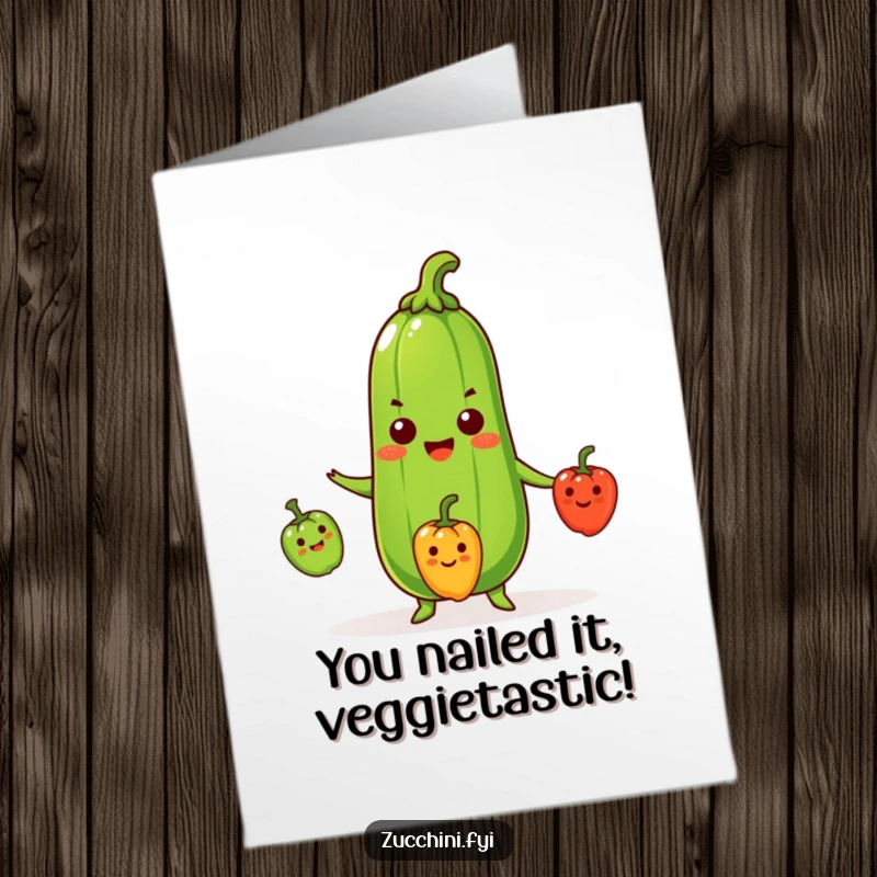 Funny Free Printable Congratulations Card featuring a beaming zucchini impressively juggling smiling peppers, celebrating success with gusto.