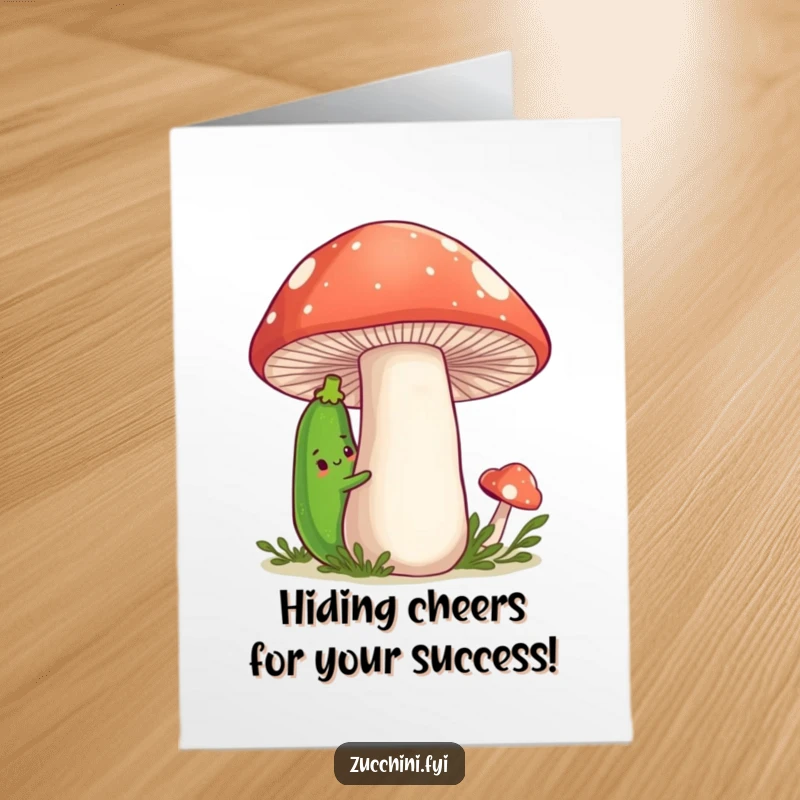 Funny Free Printable Congratulations Card featuring a shy zucchini peeking from behind a friendly mushroom, offering quiet congratulations.