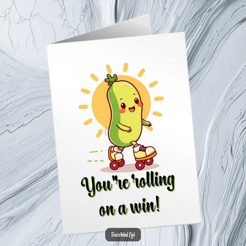 Funny Free Printable Congratulations Card: Zucchini in Roller Skates Zipping Past Sun, Celebrating a Swift Victory