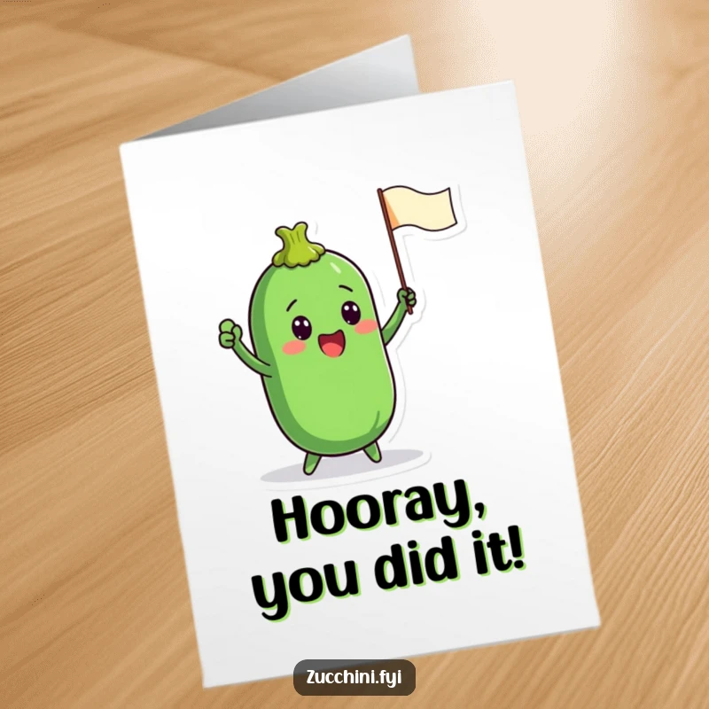 Funny free printable congratulations card: a zucchini character waves a tiny flag energetically, signifying a great achievement.