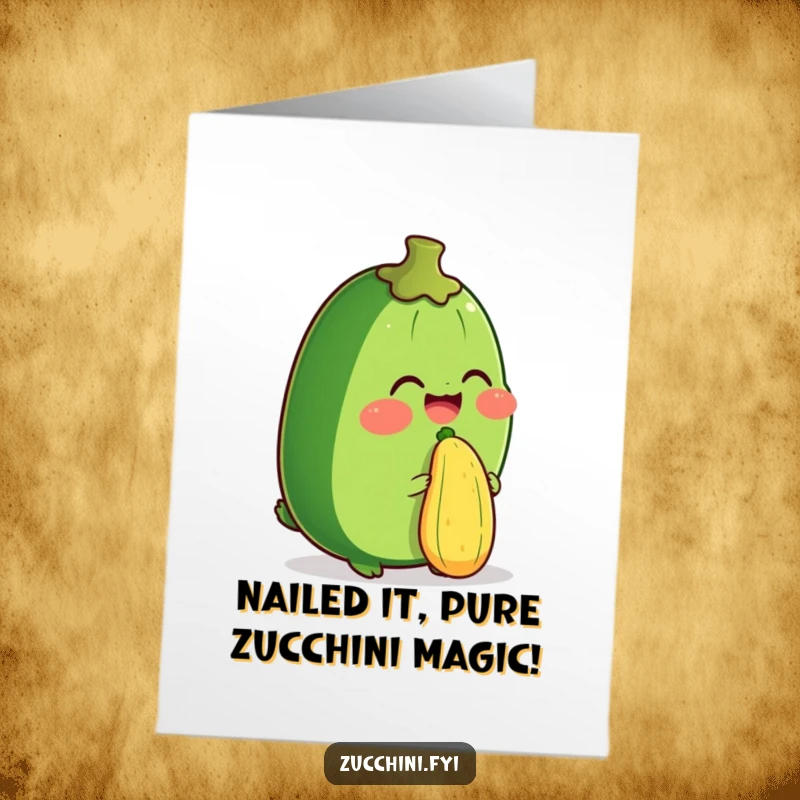 Funny Free Printable Congrats Card: Zucchini character in fits of giggles, masterfully balancing a small zucchini on its nose.