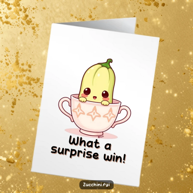 Funny Free Printable Congrats Card: A zucchini looks comically surprised as it peeks out from the rim of a very small teacup.