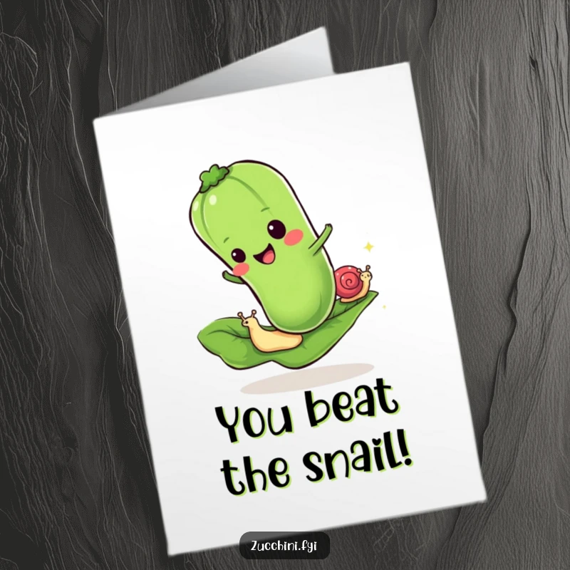 Funny Free Printable Congratulations Card: Cheerful zucchini crossing the finish line ahead of a tiny snail in a leaf race.