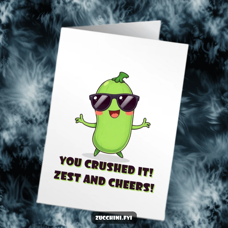 Funny Free Printable Congratulations Card: A smiling zucchini in sunglasses is doing a super silly, energetic dance.