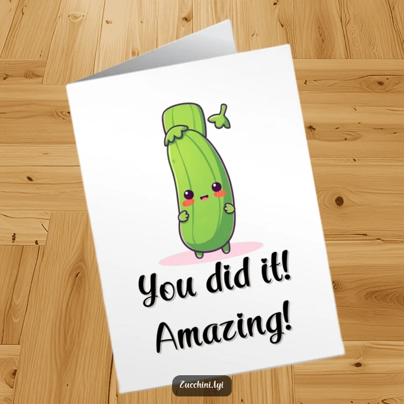 Funny Free Printable Congrats Card: Zucchini peeking out from behind a large, playful exclamation mark, signifying excitement.
