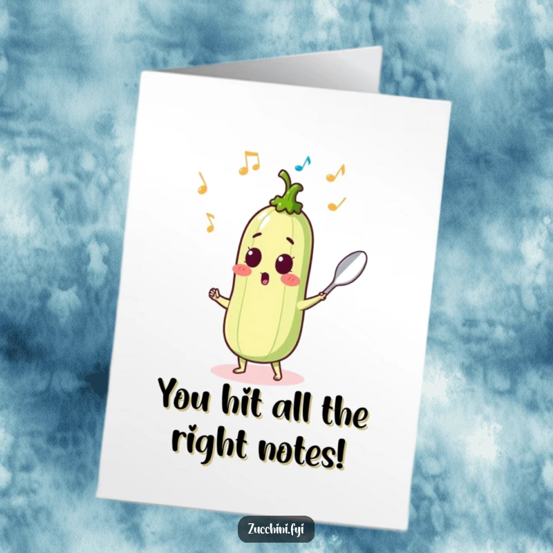 Funny Free Printable congratulations card: a zucchini dances with a spoon, musical notes appear, celebrating a triumphant moment.
