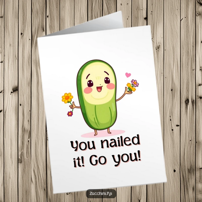 Funny Free Printable Congrats Card: Zucchini slice character gleefully juggling flowers, celebrating achievements with humor.