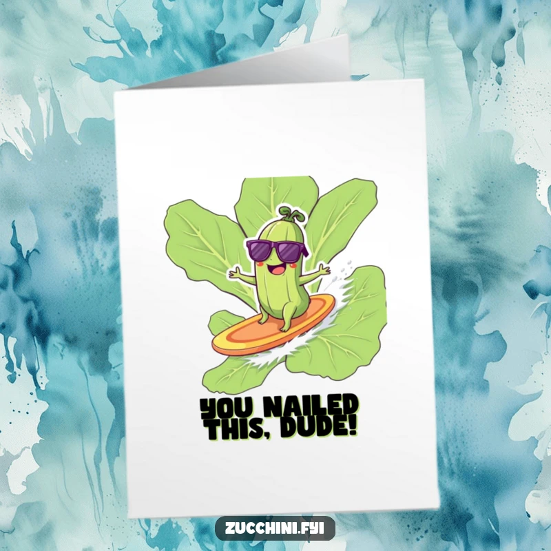 Funny Free Printable congratulations card: a zucchini in sunglasses surfs a lettuce leaf, celebrating achievement with cool vibes.