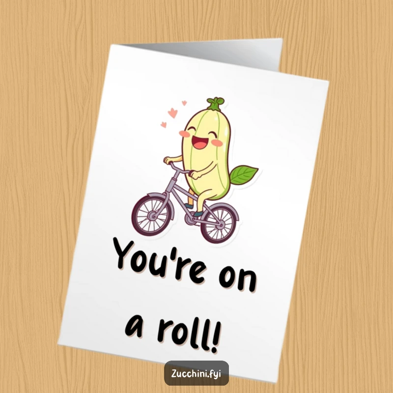 Funny Free Printable Congrats Card: A happy zucchini rides a tiny bicycle with a big smile.