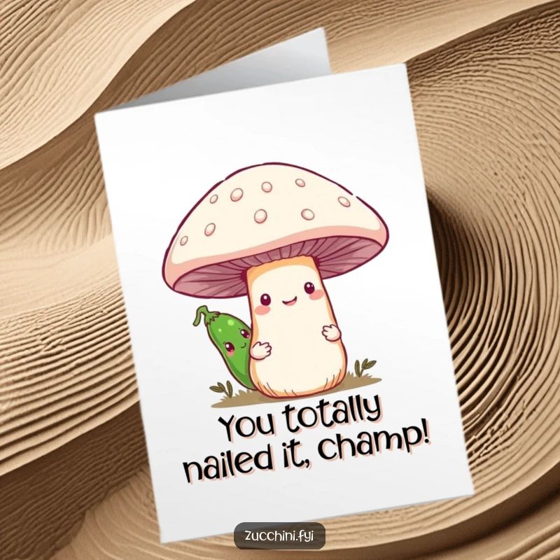 Funny Free Printable Congratulations Card: Shy zucchini peeking from behind a giant mushroom, offering quiet support. A unique gift.