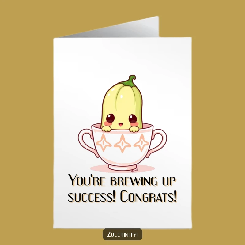 Free Printable Congrats Card: Surprised Zucchini in Teacup, Whimsical Celebration Downloadable