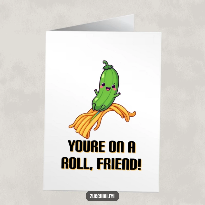 Funny Free Printable congratulations card: a happy zucchini slides down a pasta rainbow, celebrating achievement with vibrant flair.